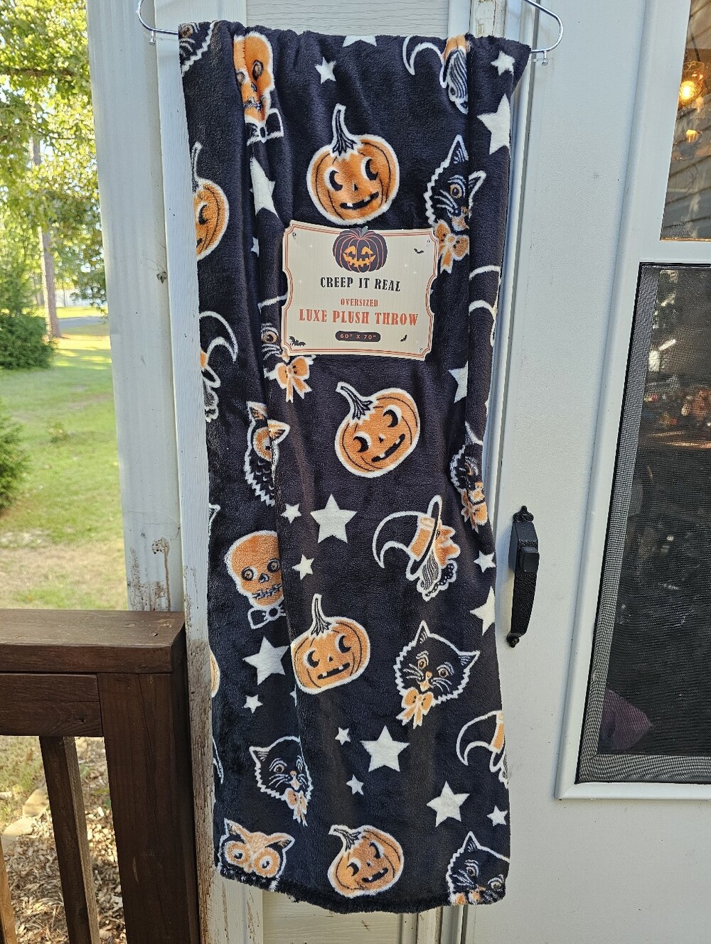 Antique Halloween Blanket Plush Retro Style Cat Jack O Lantern Owl Skull Nwt Htf